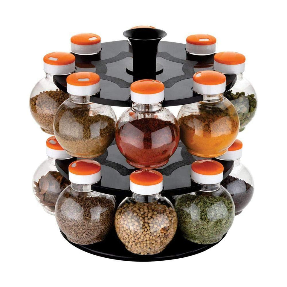 Your Brand Kitchen combo - Revolving 16pc Plastic Spice Rack, Vegetables Spiral Cutter, Gas Lighter, Big Tea Strainer Sieve/Chai Chalni with Single sided & Double sided peeler (6 pcs)