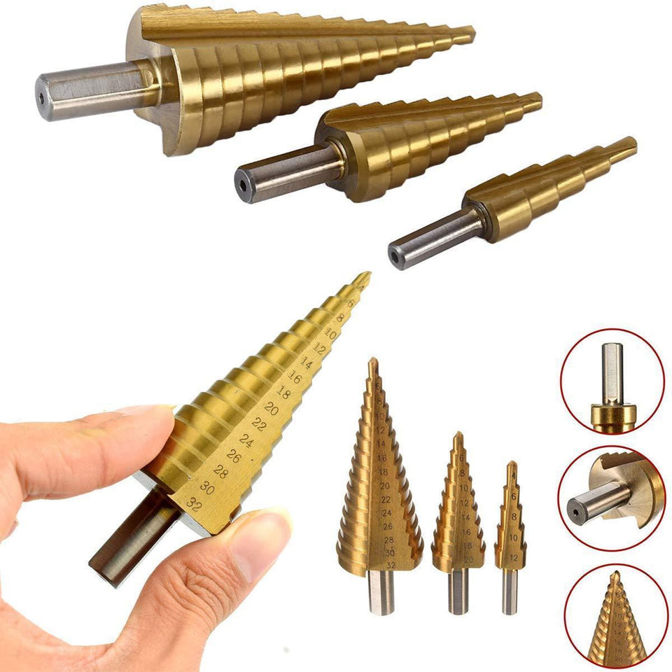 437 -3X Large HSS Steel Step Cone Drill Titanium Bit Set Hole Cutter (4-32, 4-20, 4-12mm)