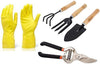 Your Brand Gardening Tools - Reusable Rubber Gloves, Pruners Scissor(Flower Cutter) & Garden Tool Wooden Handle (3pcs-Hand Cultivator, Small Trowel, Garden Fork)