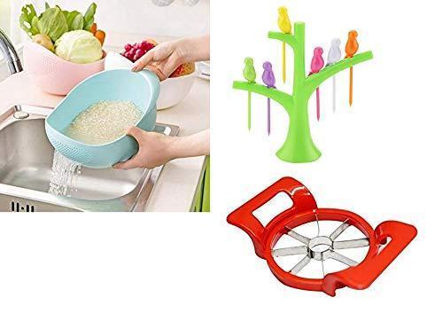 Your Brand Kitchen Combo - Plastic Rice Bowl Strainer, Bird fork and Apple cutter