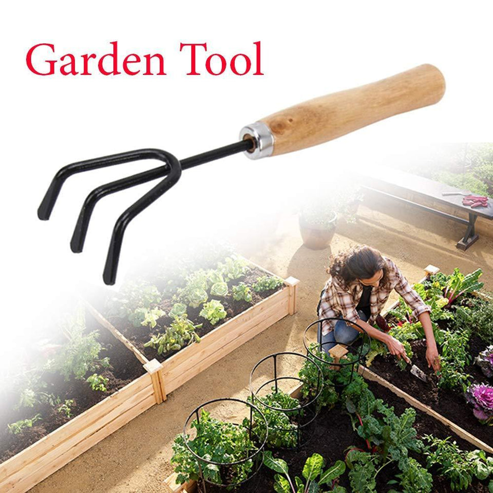 Your Brand Gardening Tools - Reusable Rubber Gloves, Flower Cutter/Scissor & Garden Tool Wooden Handle (3pcs-Hand Cultivator, Small Trowel, Garden Fork)