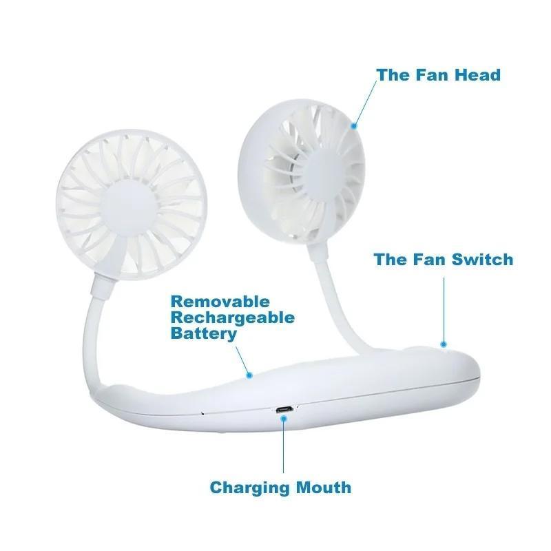 875 Portable USB Battery Rechargeable Mini Fan - Headphone Design Wearable Neckband Fan