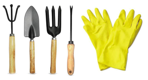 Your Brand Gardening Tools - Hand Cultivator, Small Trowel, Garden Fork, Hand Weeder Straight with 1-Pair Rubber Gloves (Set of 5)