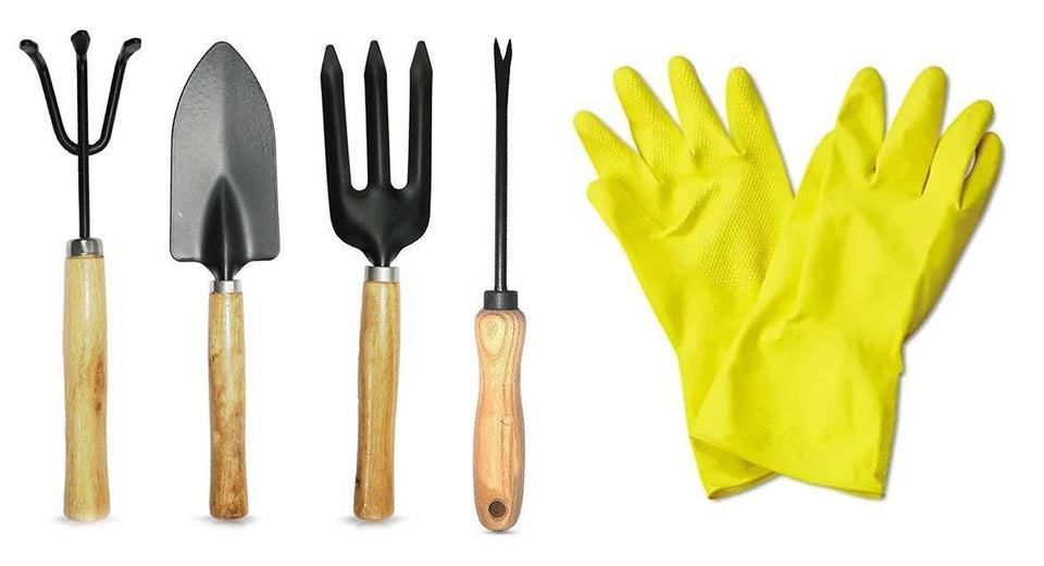 Your Brand Gardening Tools - Hand Cultivator, Small Trowel, Garden Fork, Hand Weeder Straight with 1-Pair Rubber Gloves (Set of 5)