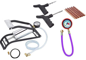 Your Brand Vehicle Tools - Heavy Steel Body Foot Pump, Tyre Puncture Plug Repair Kit with Tyre Air Pressure Gauge Hose (3pcs)