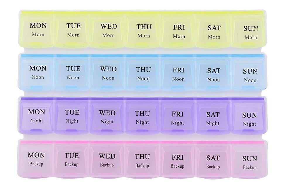 383 Pill Case- 4 Row 28 Squares Weekly 7 Days Tablet Box Holder Medicine Storage Organizer Container