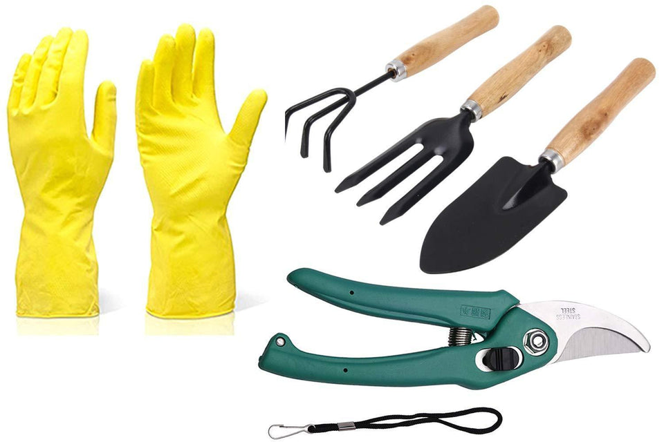 Your Brand Gardening Tools - Reusable Rubber Gloves, Flower Cutter/Scissor & Garden Tool Wooden Handle (3pcs-Hand Cultivator, Small Trowel, Garden Fork)