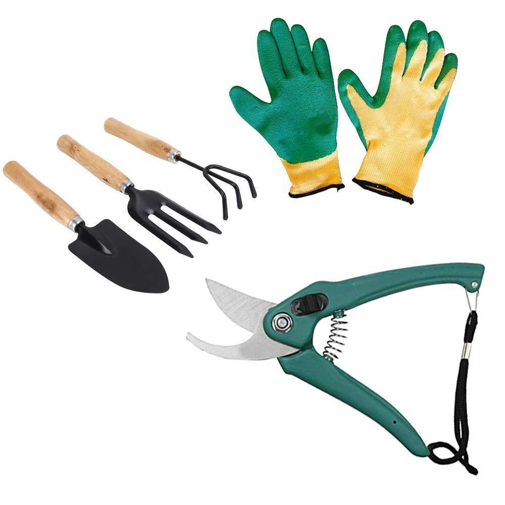 Your Brand Gardening Tools - Falcon Gloves, Flower Cutter/Scissor & Garden Tool Wooden Handle (3pcs-Hand Cultivator, Small Trowel, Garden Fork)