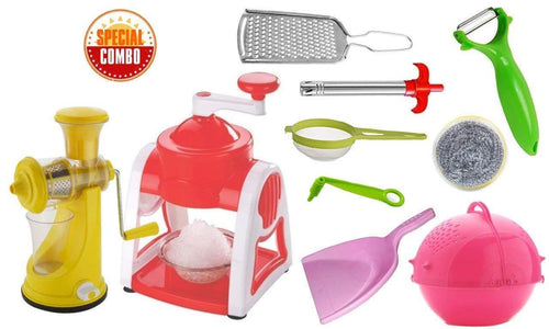 Your Brand Mix Combo - Ice Gola Maker, Fruit Juicer, Grater, Gas Lighter, Big Tea Strainer, Peeler, Vegetables Spiral Cutter, Kitchen Scrubber with Washing/Strainer Bowl & Plastic Dust Pan  (10pcs)