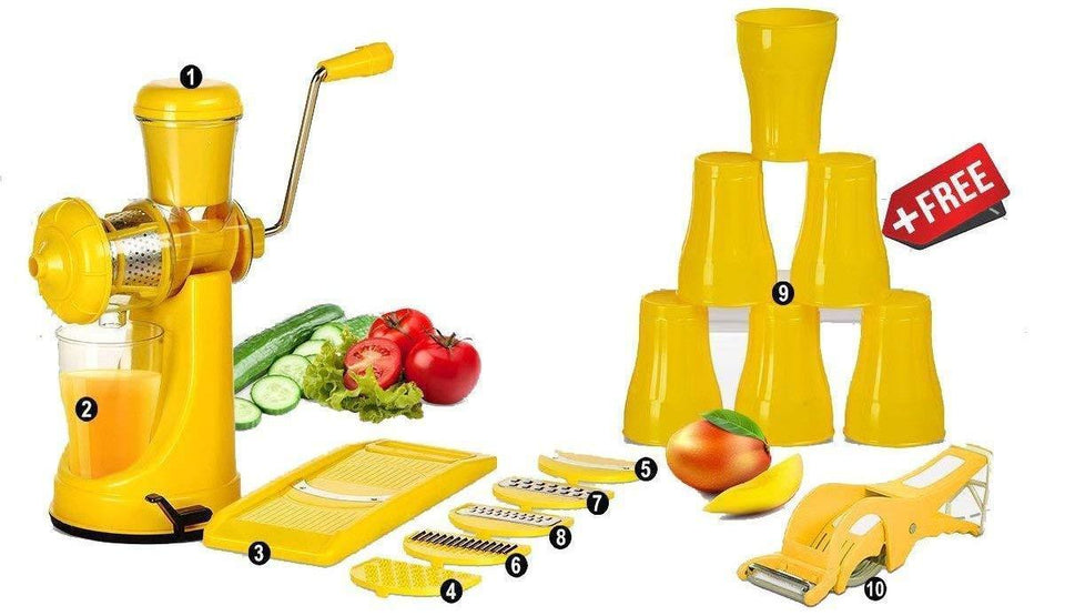 Your Brand Kitchen combo - Manual Juicer, 6 in 1 Slicer, Vegetables Cutter with Peeler and 6 Plastic Glasses