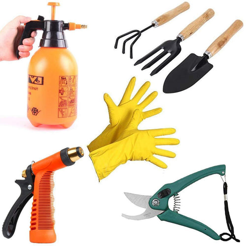 Your Brand Gardening Tools - Water Lever Spray Gun | Cultivator, Small Trowel, Garden Fork | Pressure Garden Spray Bottle | Flower Cutter | Yellow Gloves