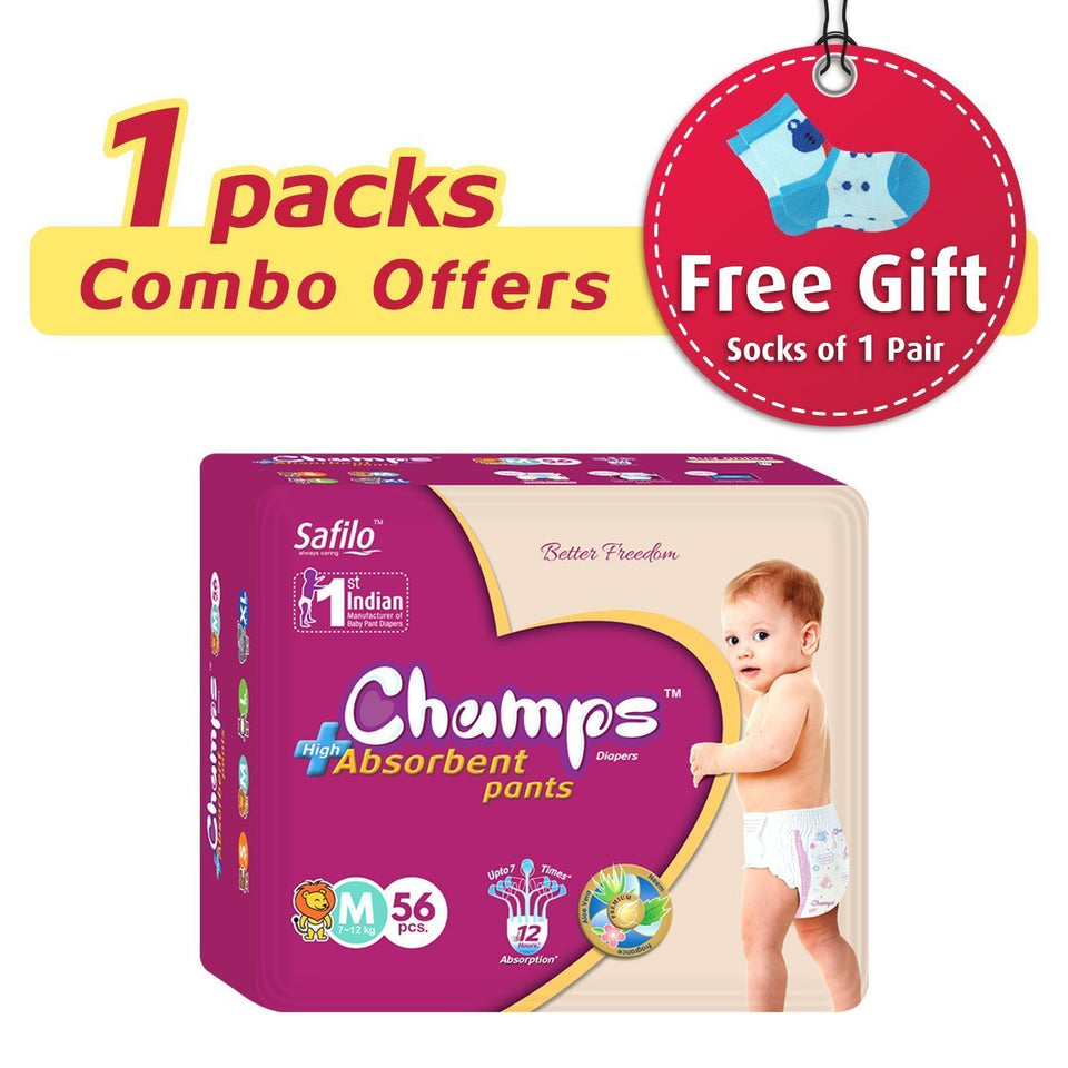 953 Premium Champs High Absorbent Pant Style Diaper Medium Size, 56 Pieces (953_Medium_56)