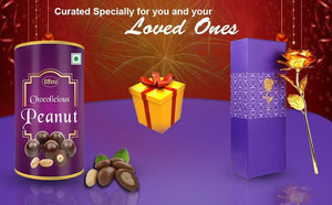 047+879 Effete Festival Gift Combo - Chocolicious Peanut 96gm with Golden Rose 10 INCHES with Carry Bag Valentine Special